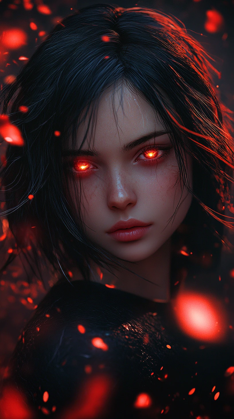 Anime girl with glowing red eyes in floating petals