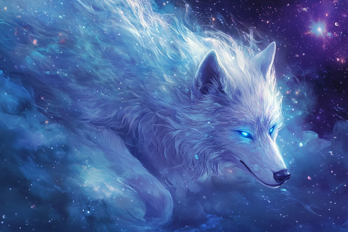 Smiling silver blue wolf lunging under a starry sky