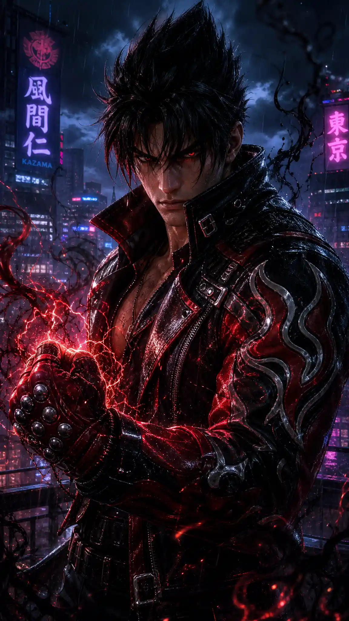Brooding fighter with glowing fist on rainy city rooftop