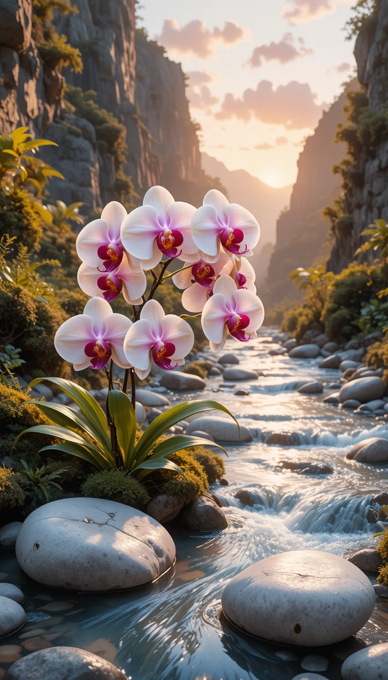 White orchids arching over a crystal mountain stream at sunset