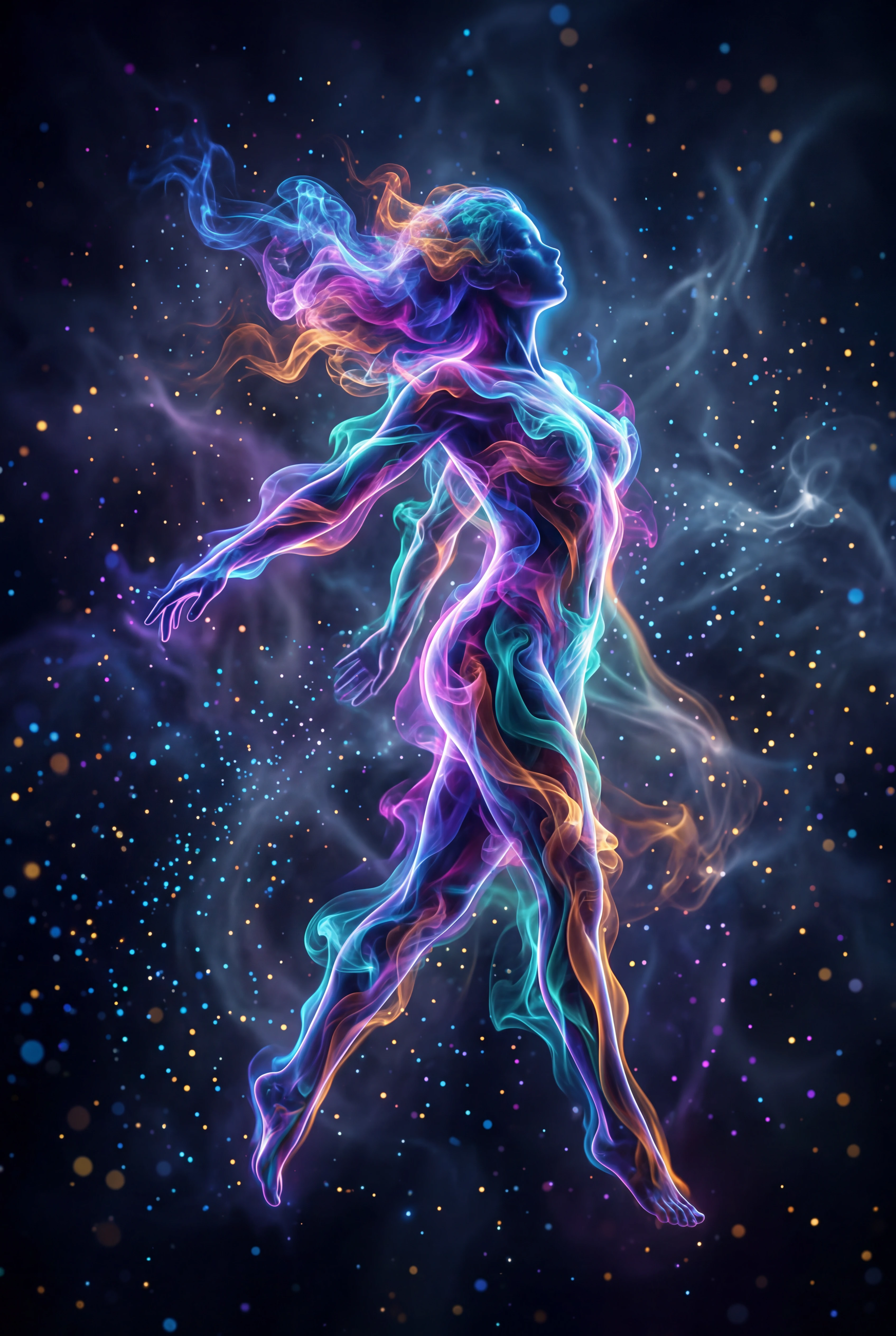 Colorful smoke forming an abstract human silhouette on dark