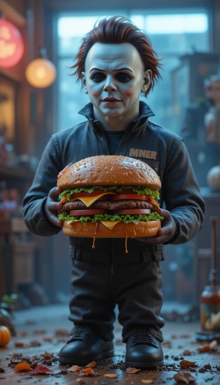 Man eating a burger in playful Pixar inspired style