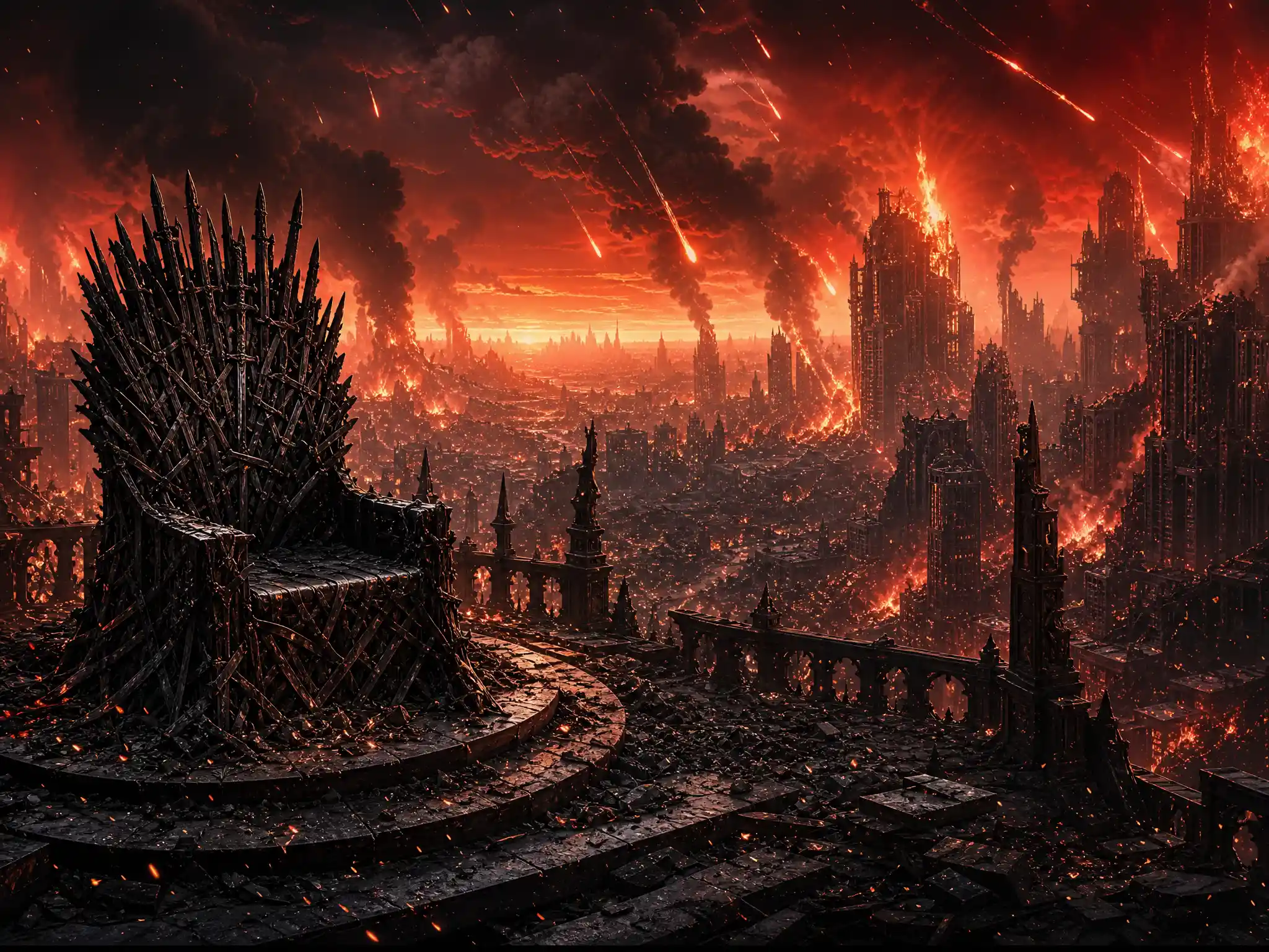 Città futuristica in fiamme con un trono di spade in frantumi