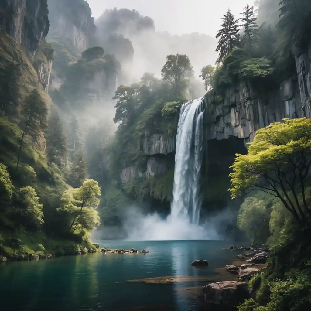 Mystical waterfall descending into a calm forest lake