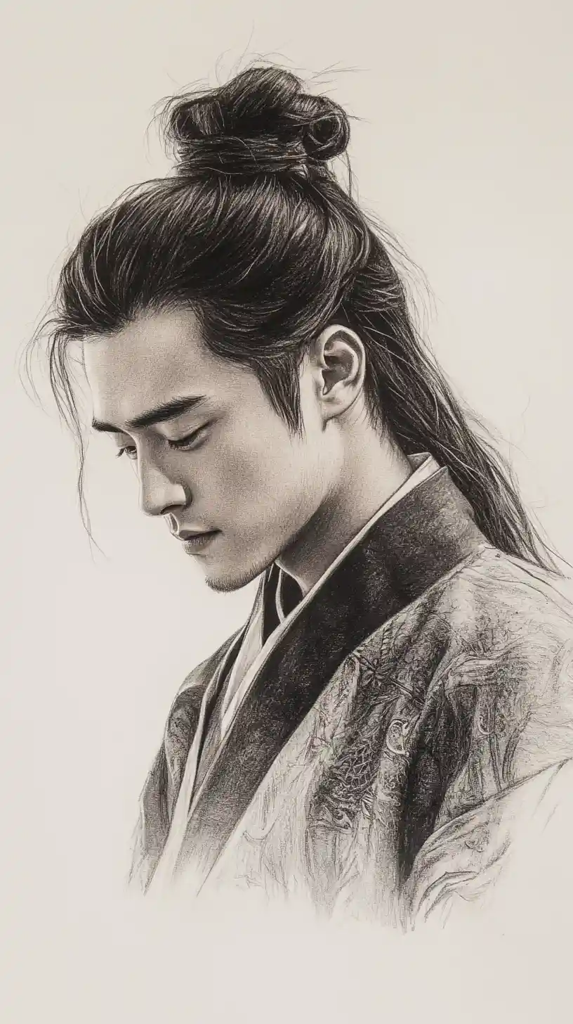 Charcoal portrait of young Asian man in traditional robes