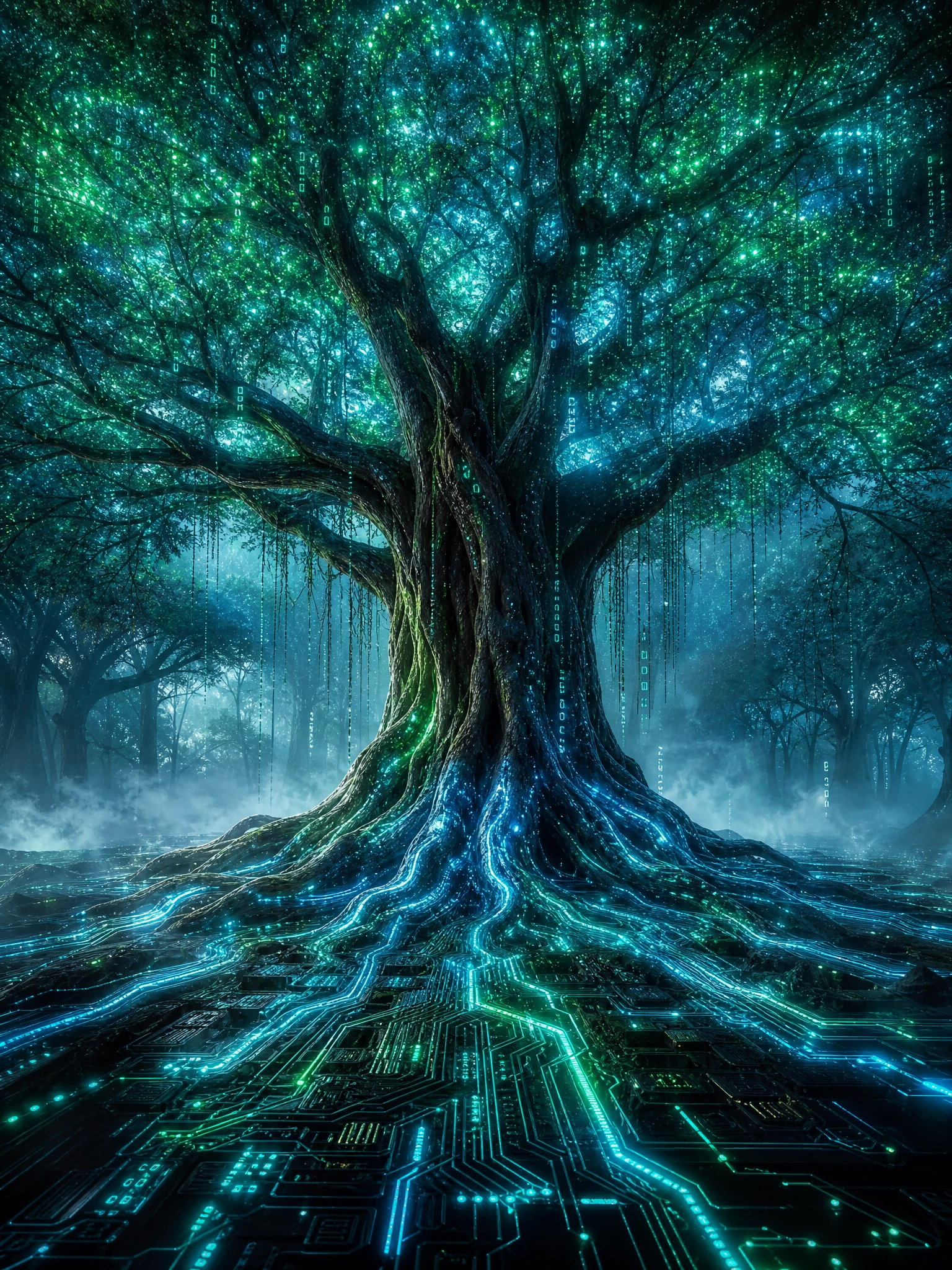 Ancient Tree Merging With Glowing Circuit Roots In Forest