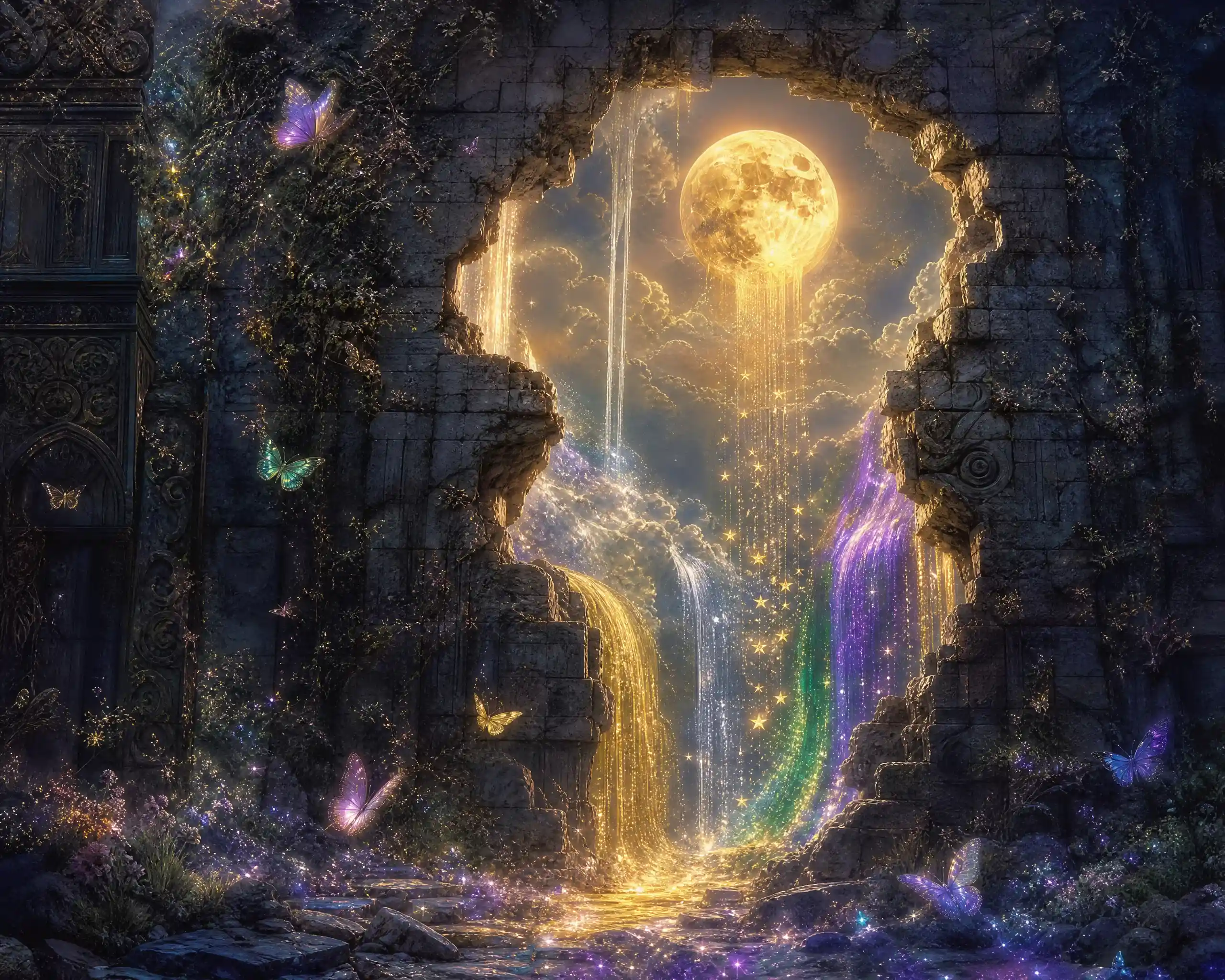 Surreal Crumbling Wall Revealing A Golden Magical Moon