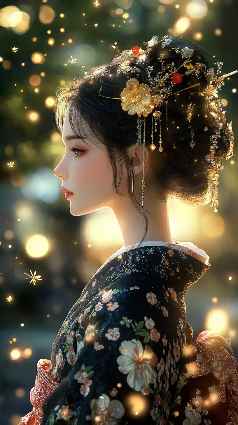 Anime woman in kimono among glowing forest fireflies