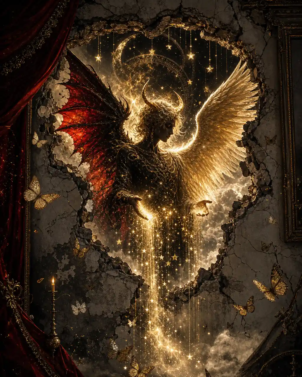 Surreal devil framed by a crumbling wall with golden wings