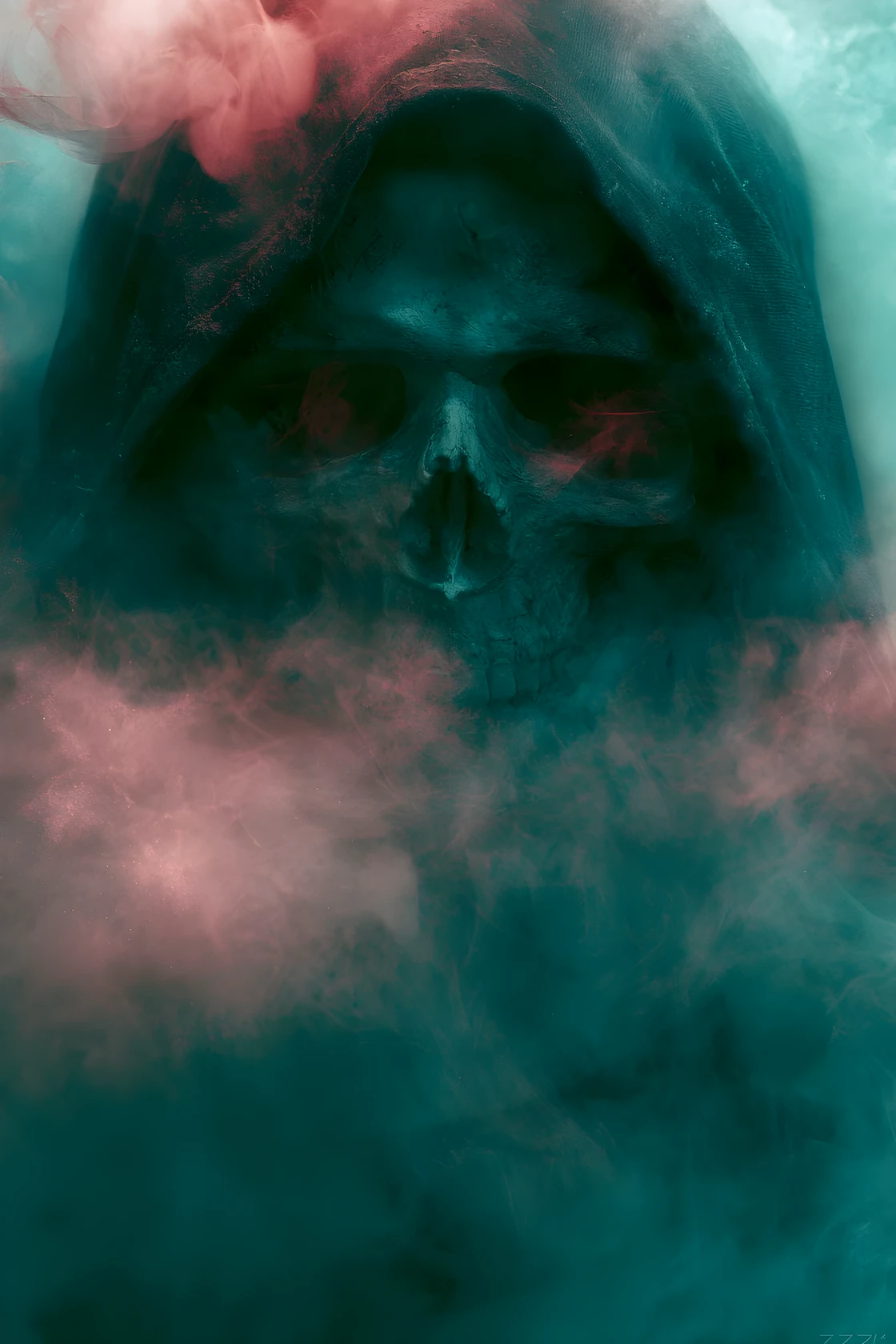 Surreal ghostly monk figure with smoky skeletal face
