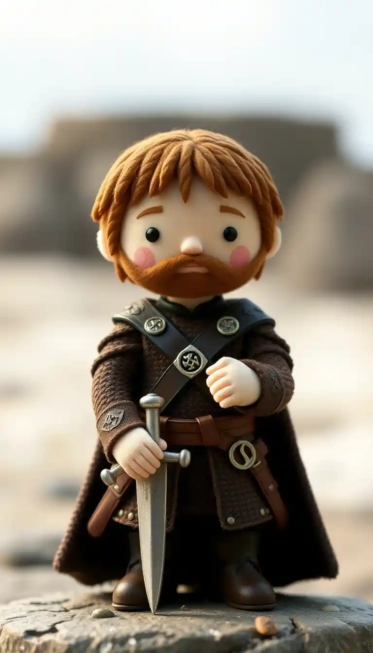 Pixar style cotton doll warrior speaking with royal resolve