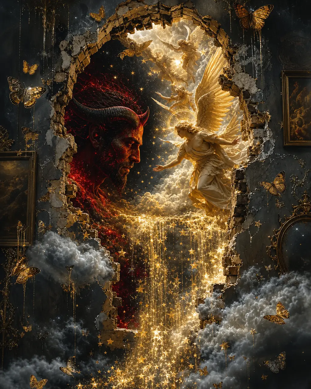 Crumbling wall opening onto glowing angels and devil