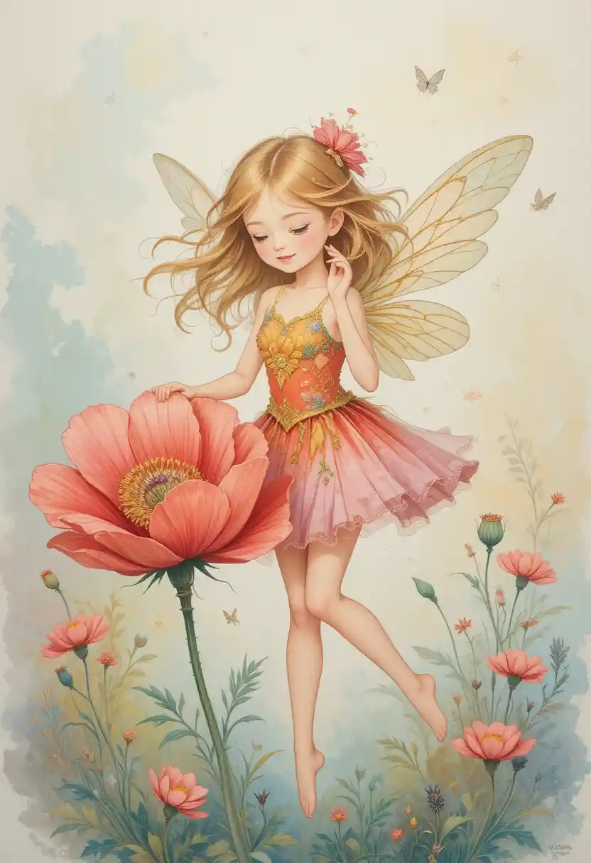 Joyful poppy fairy girl with delicate wings in bloom