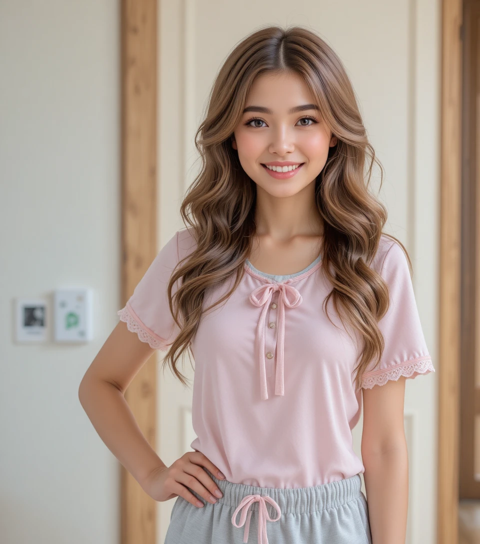 Smiling young woman in pink pajama outfit indoors