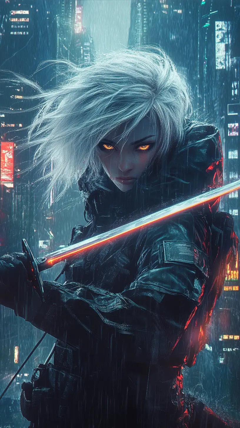 Fierce warrior woman with glowing katana in cyberpunk rain