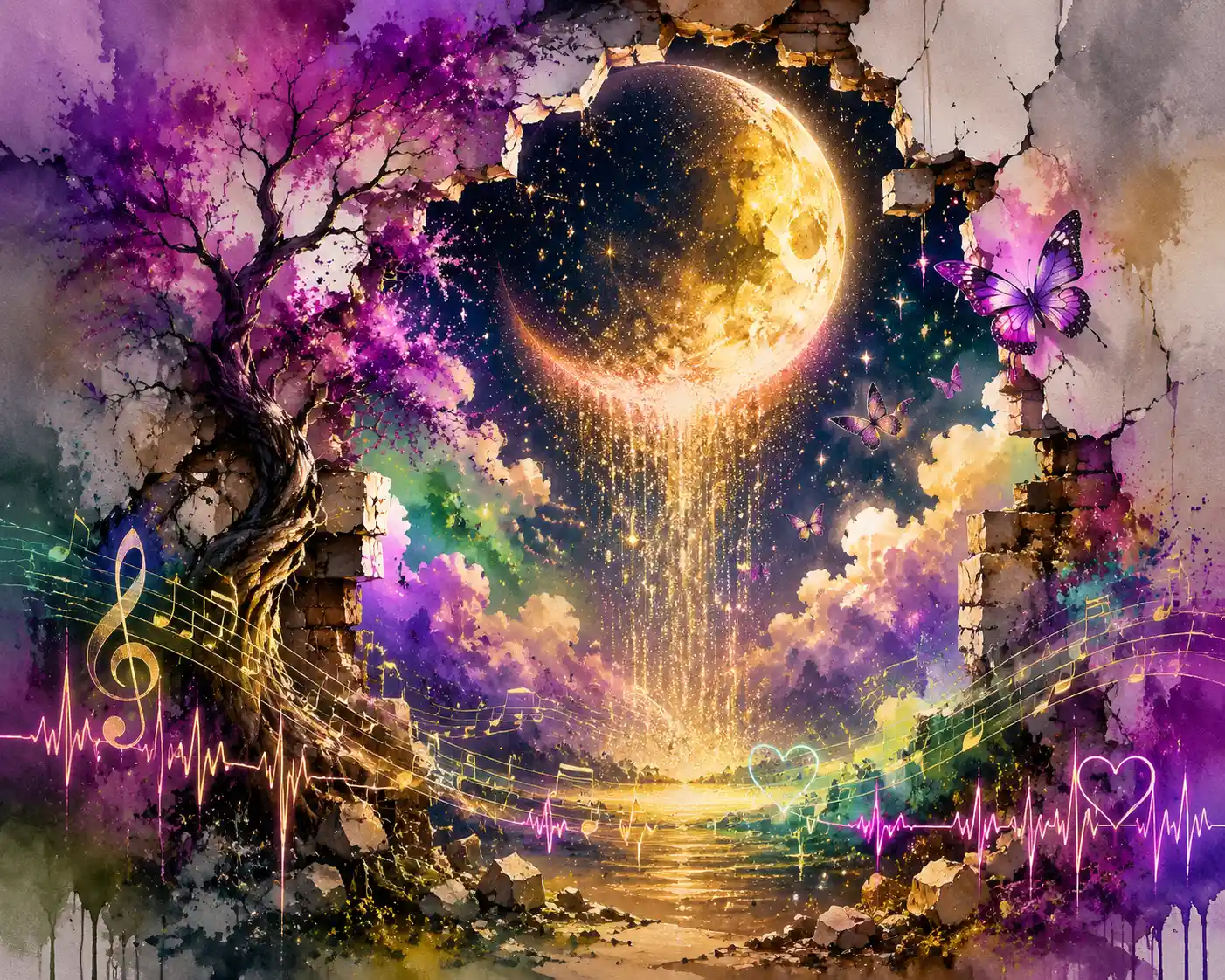 Crumbling wall framing a golden magical moonlit sky
