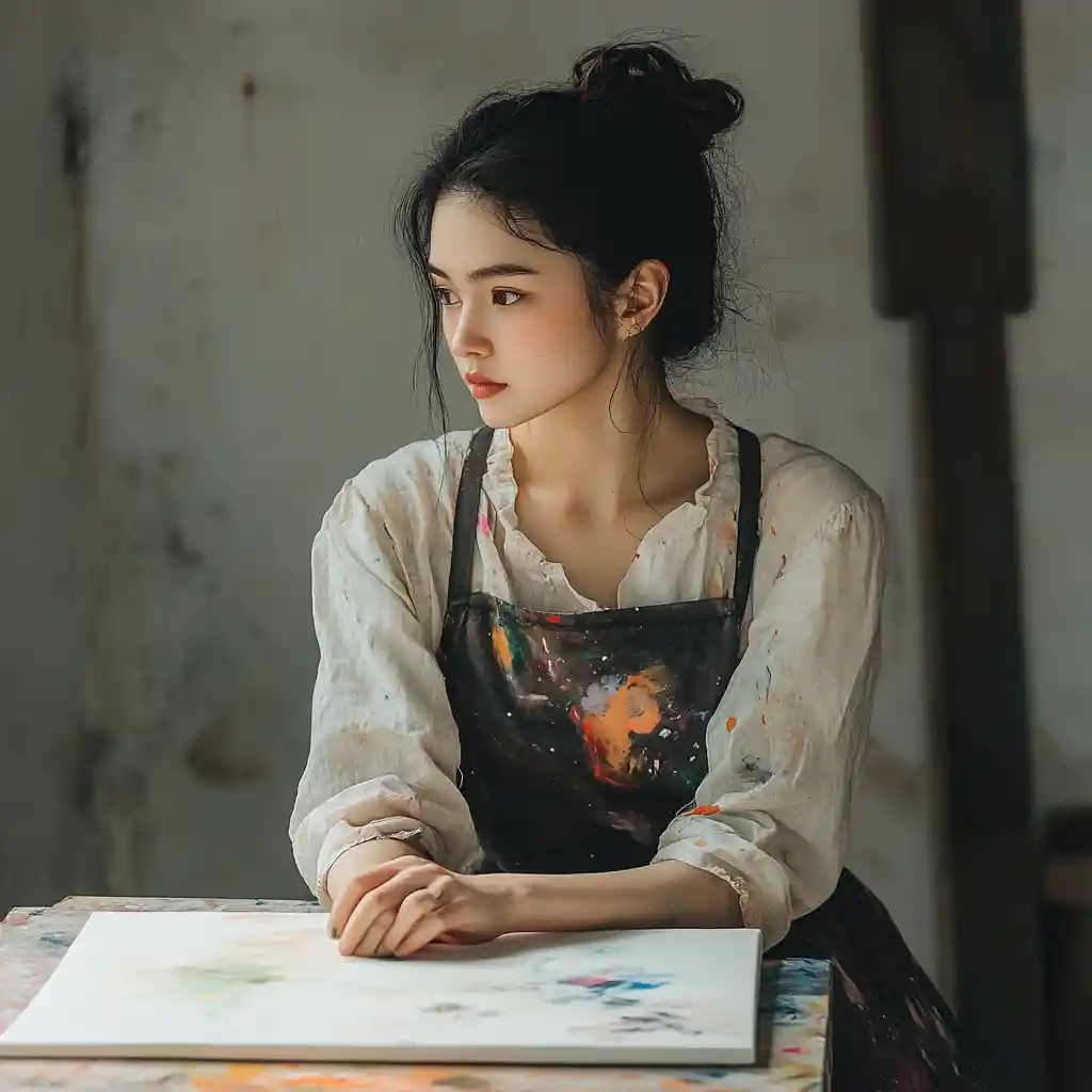 Thoughtful woman in apron facing a blank framed canvas