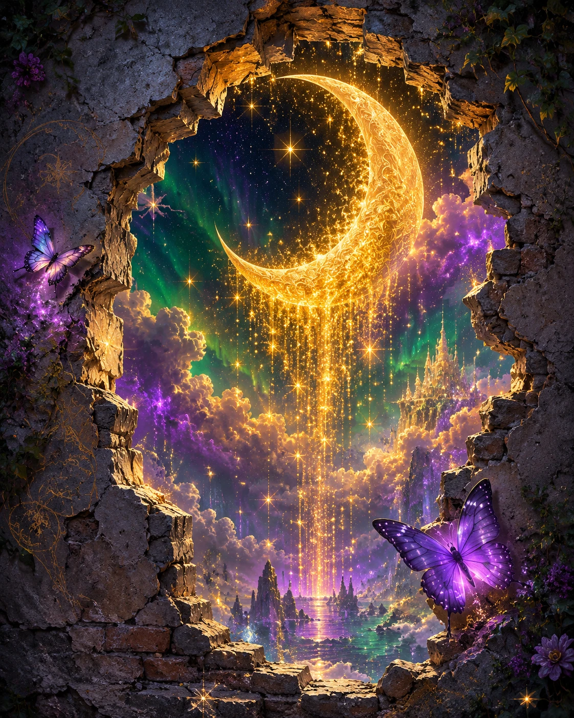 Crumbling Wall Revealing A Golden Magical Moonlit Sky