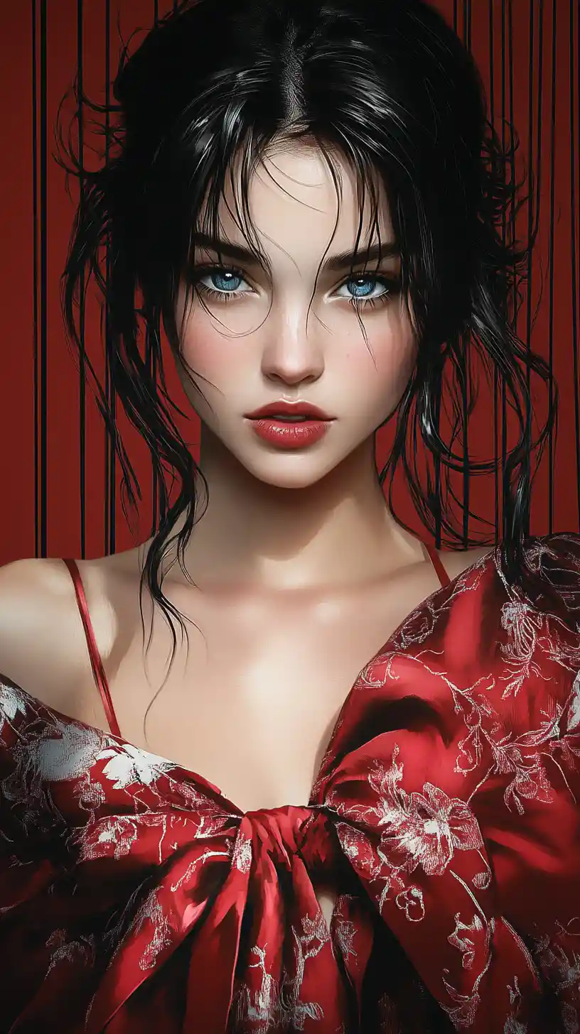 Fashion illustration of a woman in red against dark background