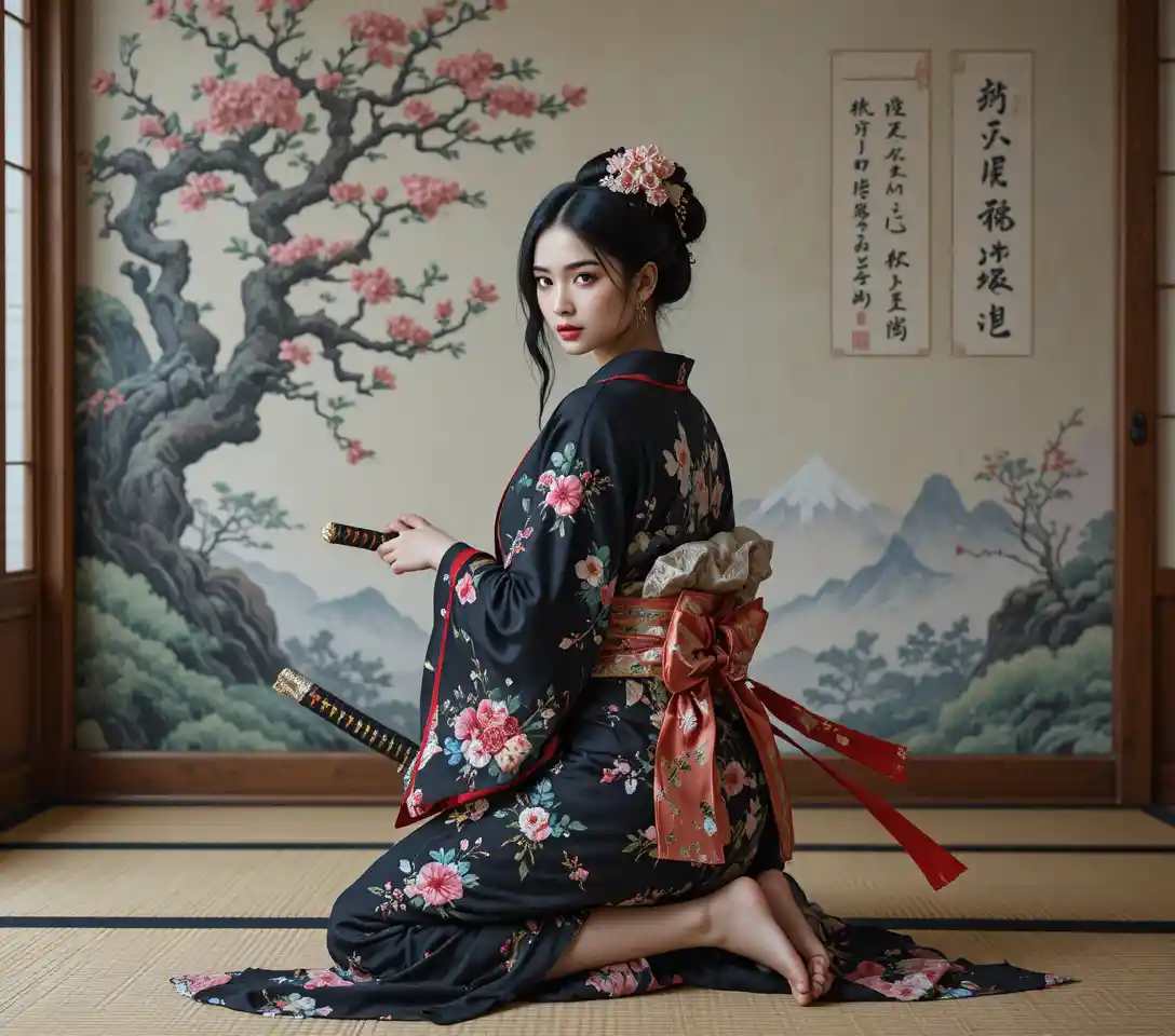 Asian warrior woman kneeling with katana in kimono