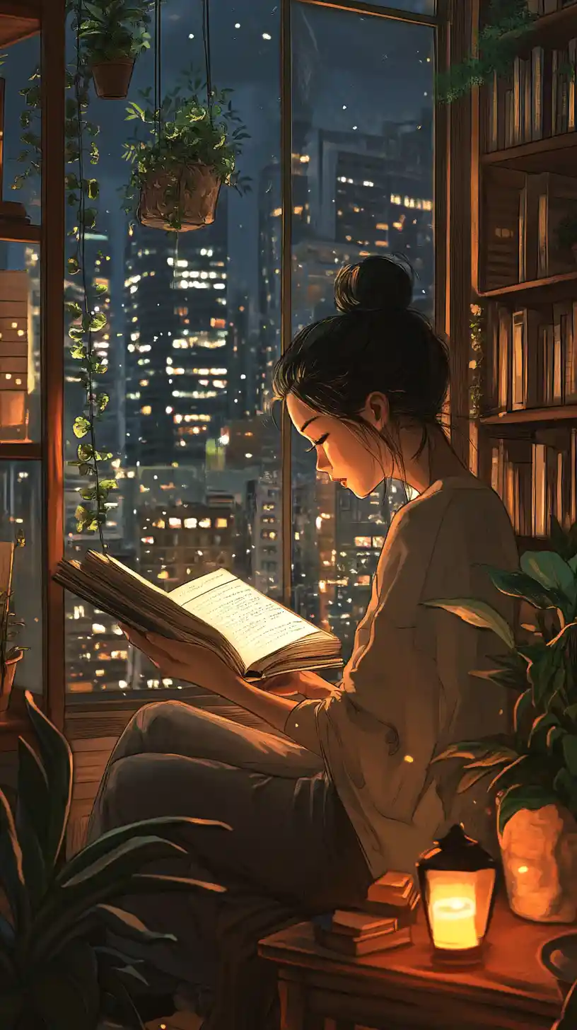 Girl Reading By A Window In A Cozy Twilight Room