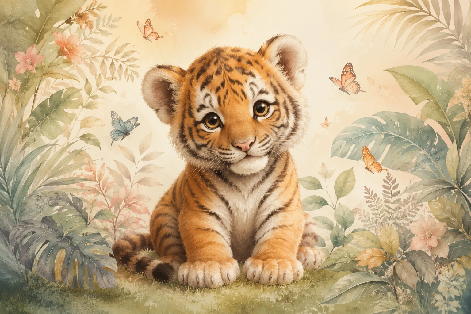 Cute tiger cub sitting on soft grass with butterflies