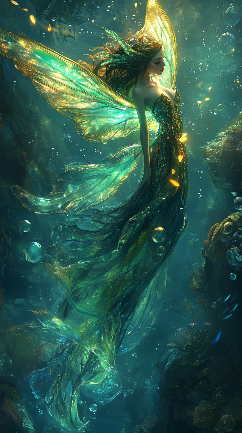 Majestic underwater fairy gliding through crystal clear ocean
