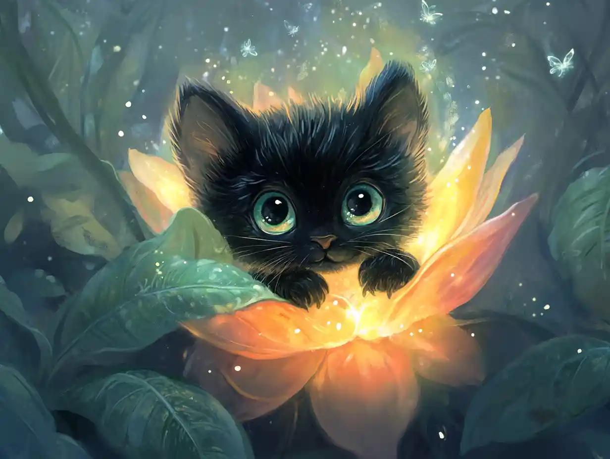 Baby panther cub in glowing enchanted flower at night