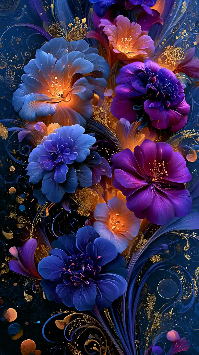 Surreal glowing fantasy flowers on dark ornamental background