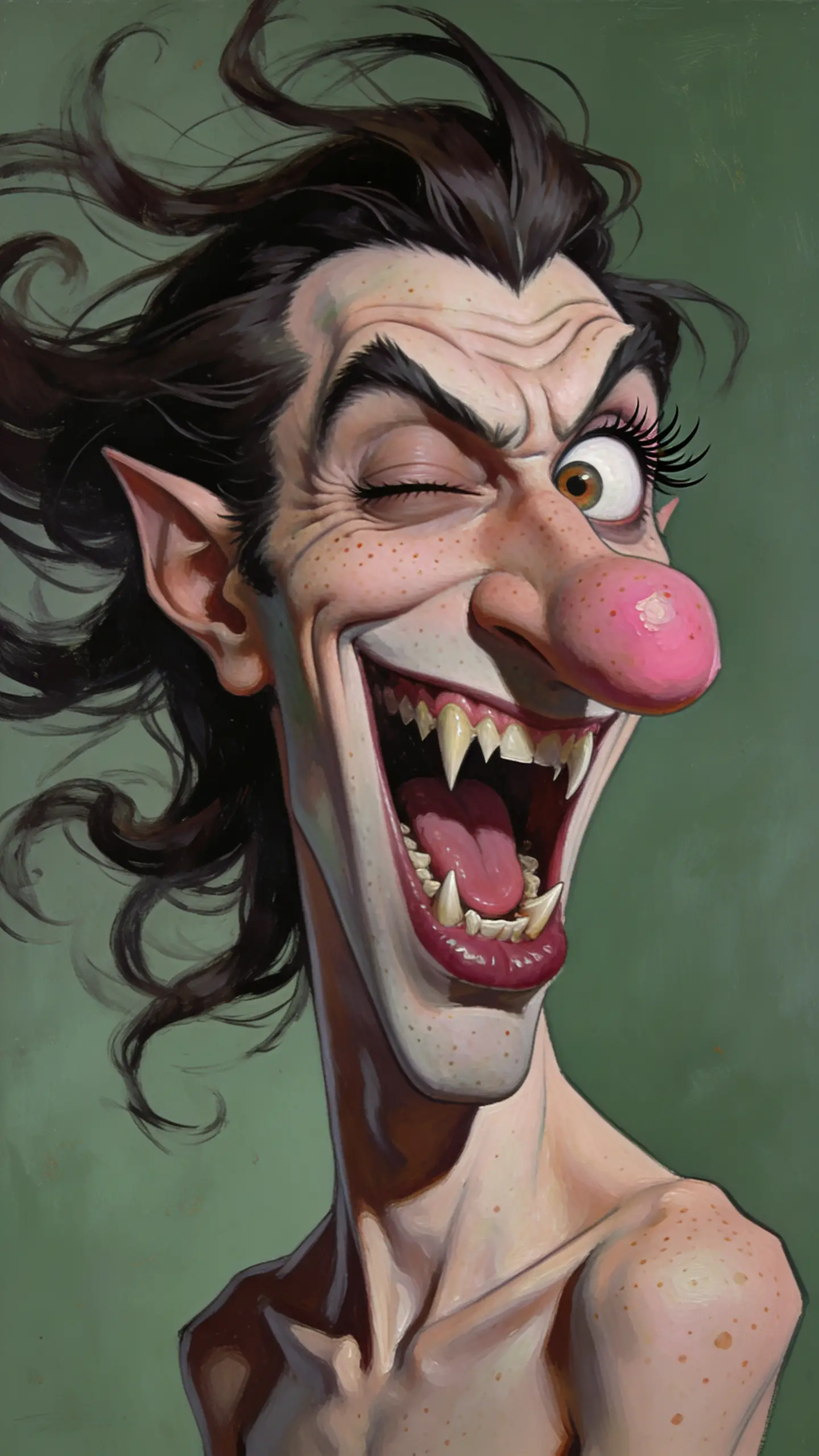 Laughing vampire caricature with wild hair and studio lighting