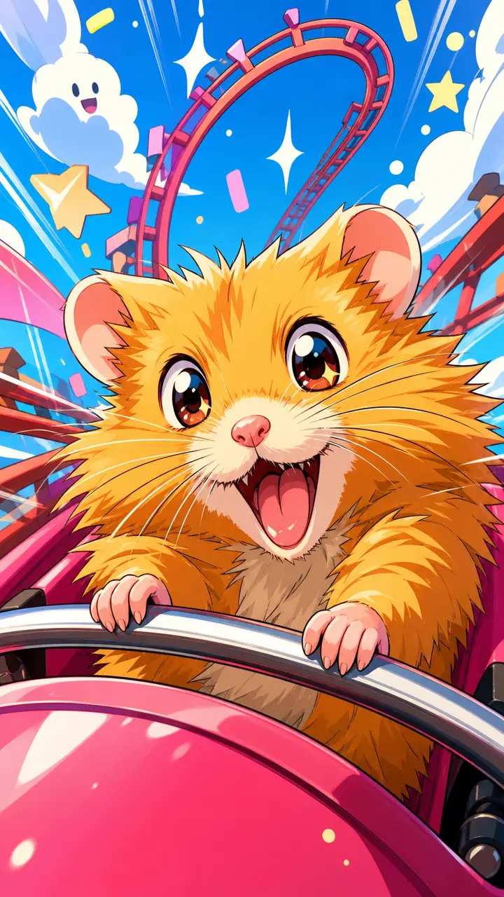 Energiegeladenes Anime-Mädchen in einer verspielten Cartoon-Welt