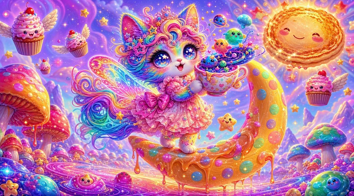 Chibi cat girl balancing on a glowing crescent moon