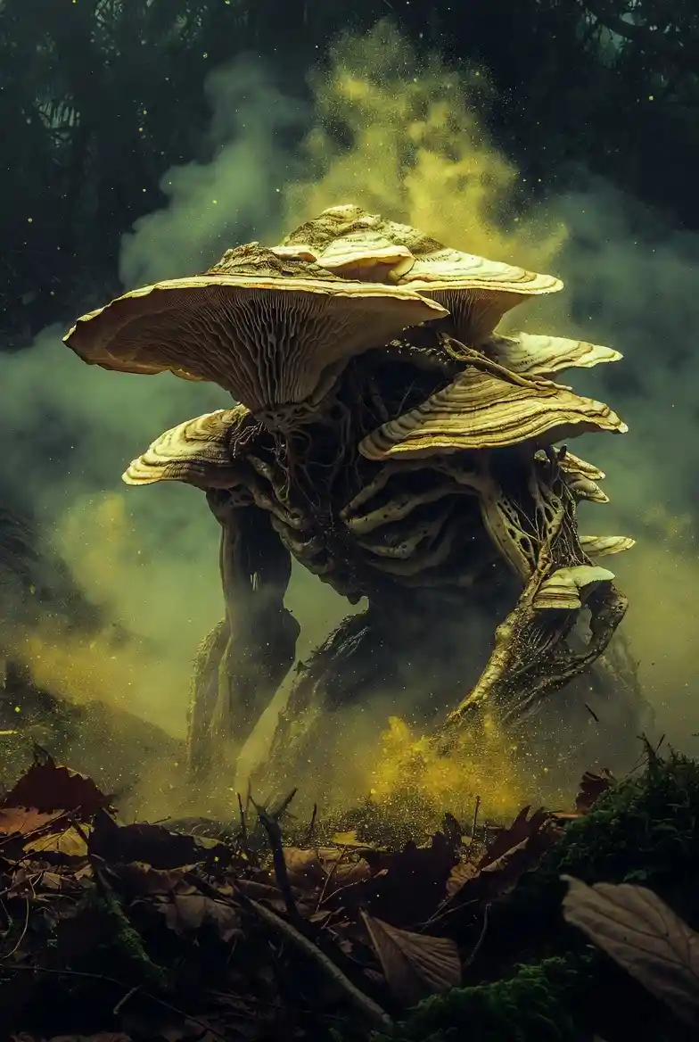 Enorme mostro fungino che si leva dal nebbioso suolo della foresta
