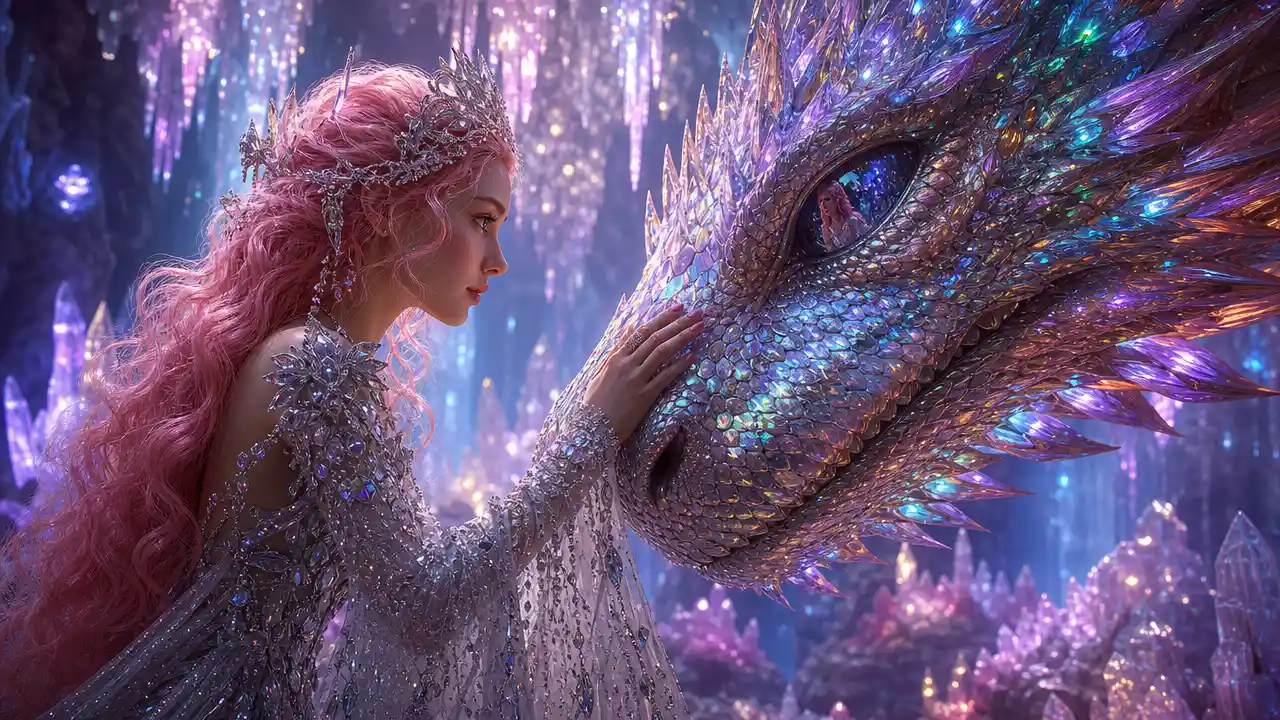 Girl in jeweled silver gown touching a rainbow dragon