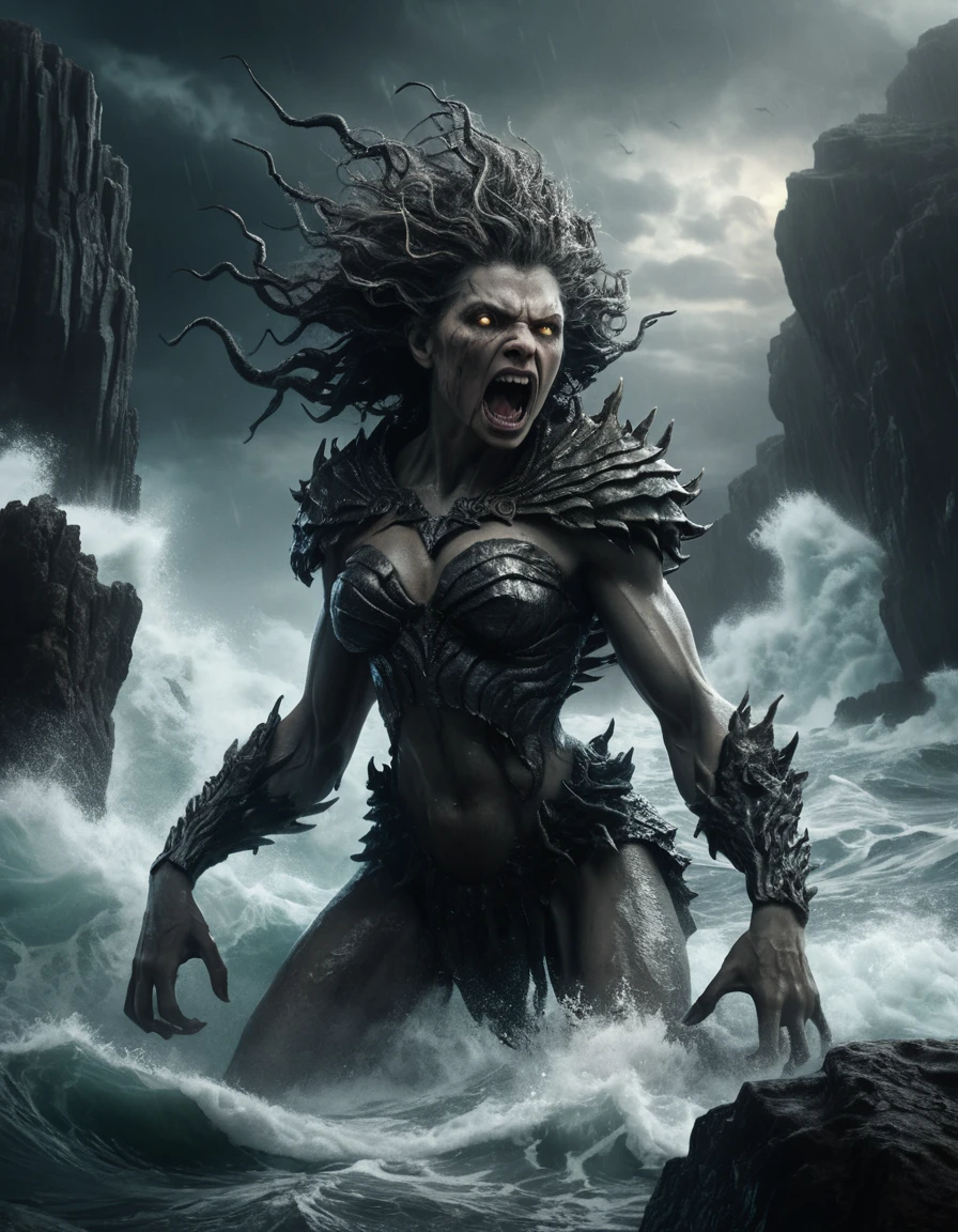 Mythic sea monster rising from stormy jagged cliffs