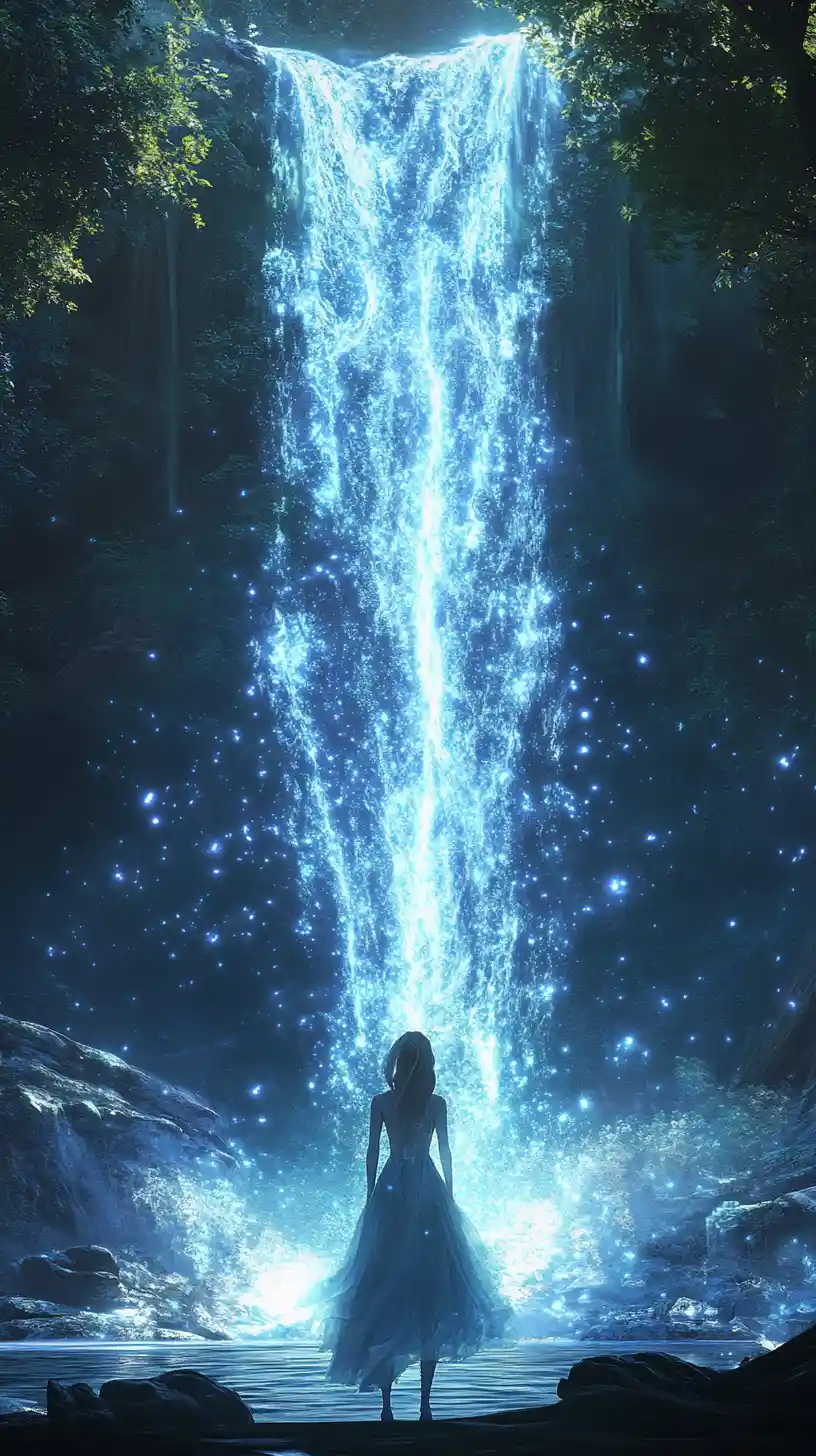 Woman in dress gazing at mystical waterfall in dark forest