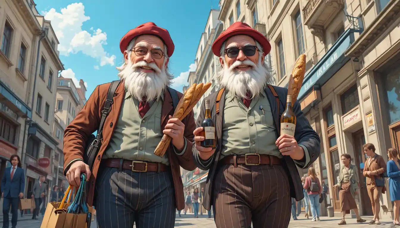 Elderly men walking happily on a sunny French city street
