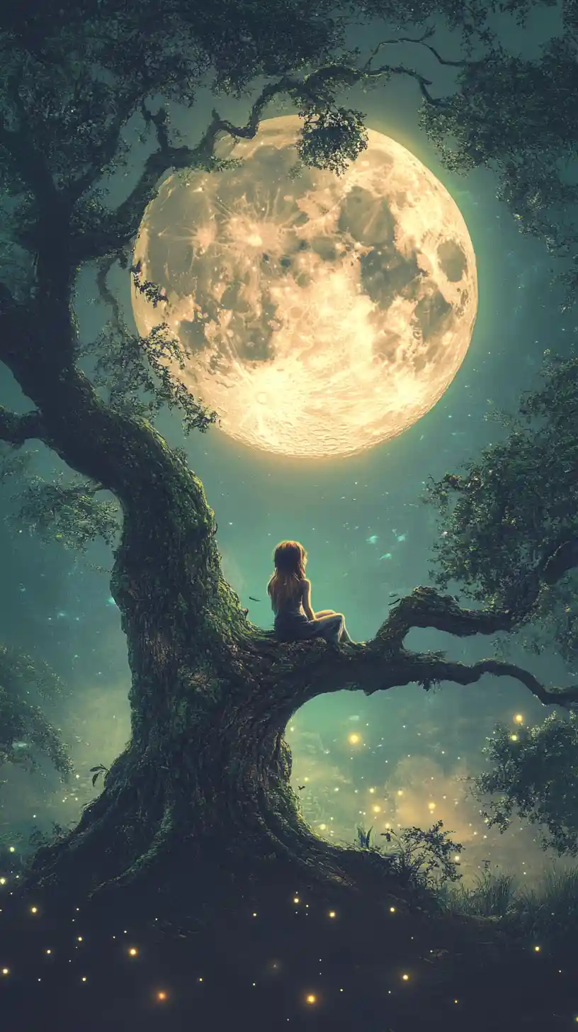 Girl On Ancient Tree Branch Under A Luminous Full Moon
