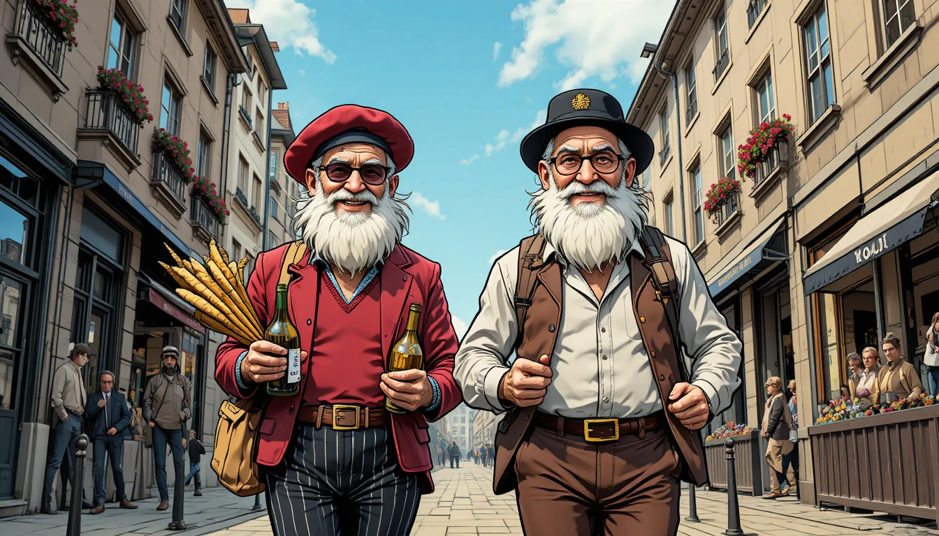 Two elderly men walking with groceries on a sunny street