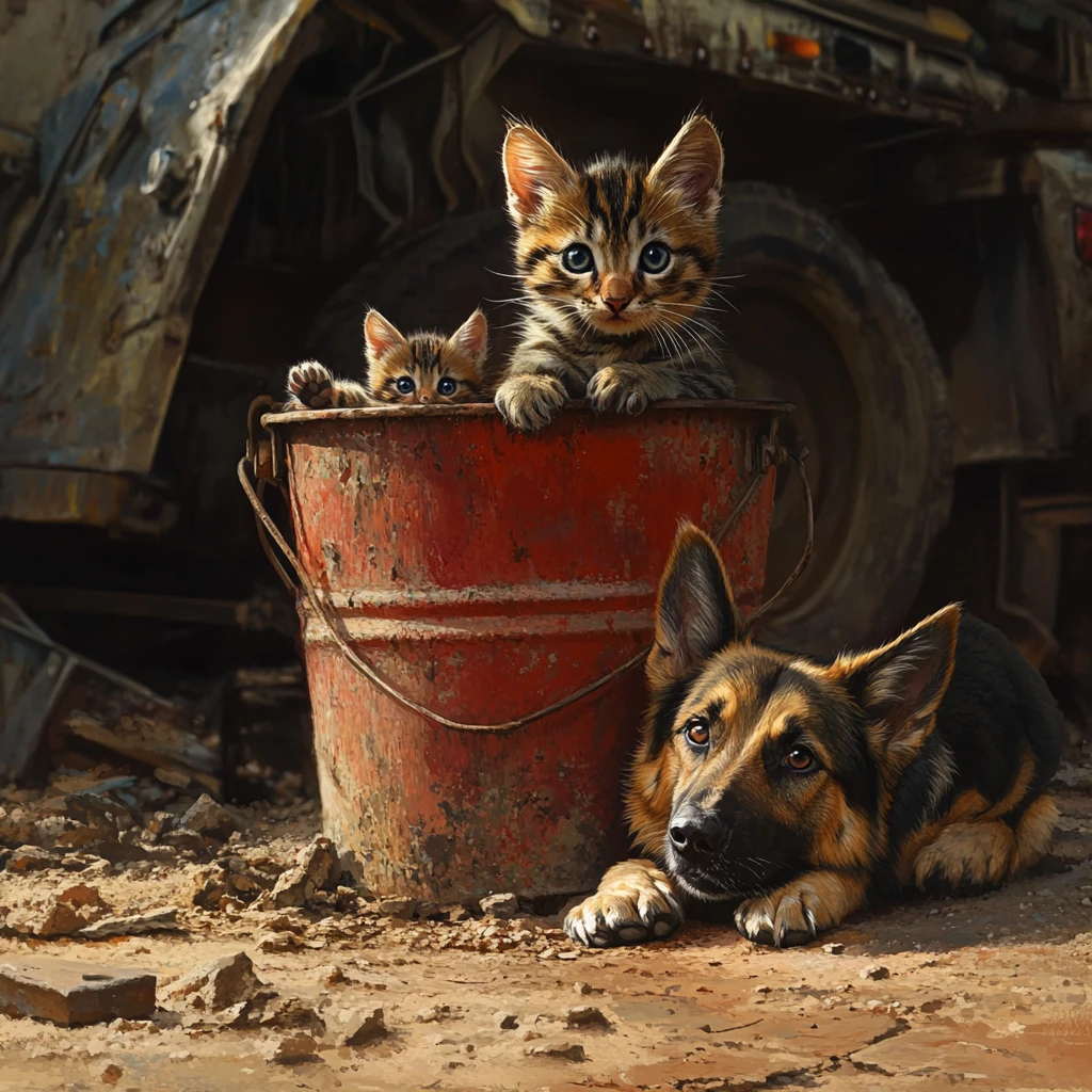 Mother cat and kittens sheltering inside an old red bucket