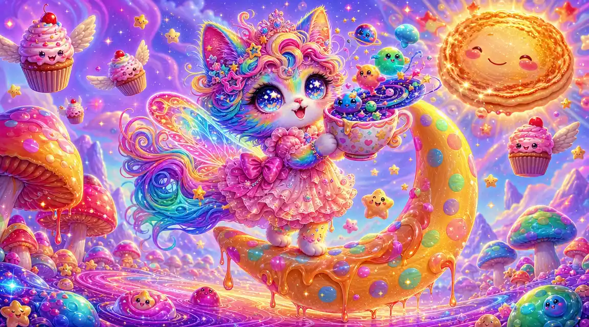Ragazza gatto chibi in equilibrio su una falce di luna luminosa