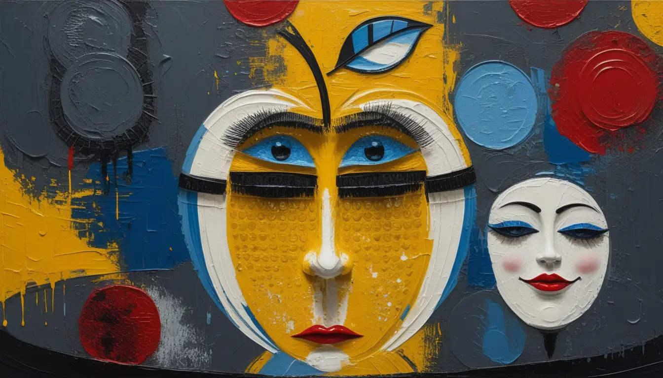 Surreal abstract portrait of two merged theatrical faces