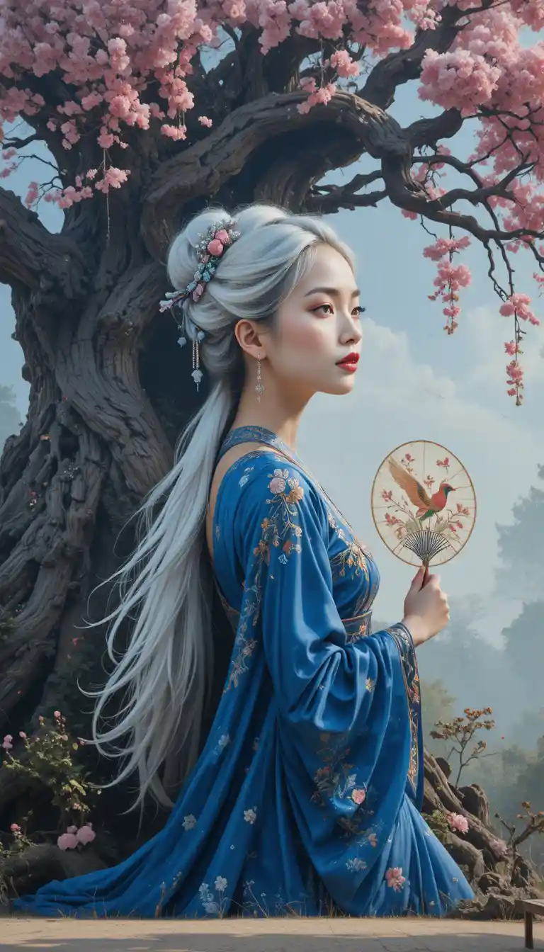 Giant mural of a serene woman beside a flowering tree