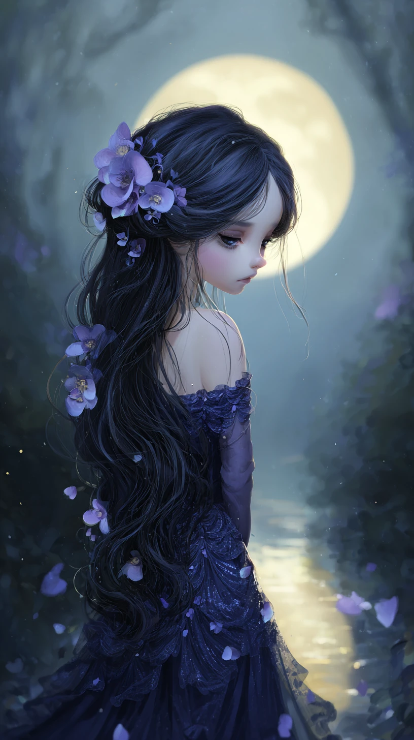 Melancholic girl in blue gown under moonlit forest sky
