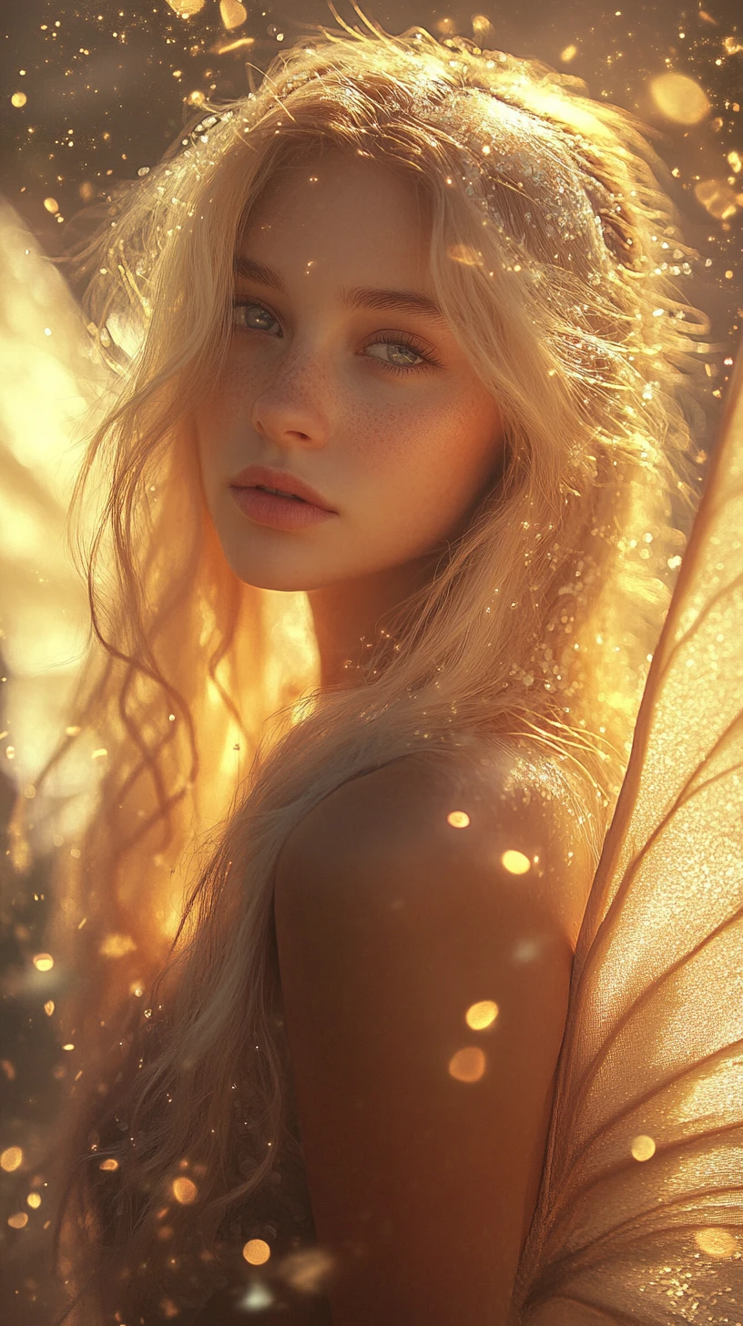 Ethereal angelic girl with wings in glowing celestial light