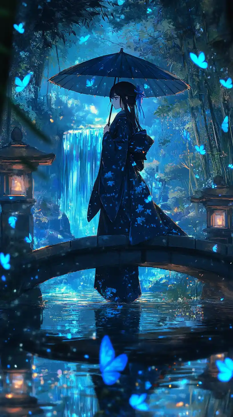 Anime woman on a bridge in a glowing bamboo forest