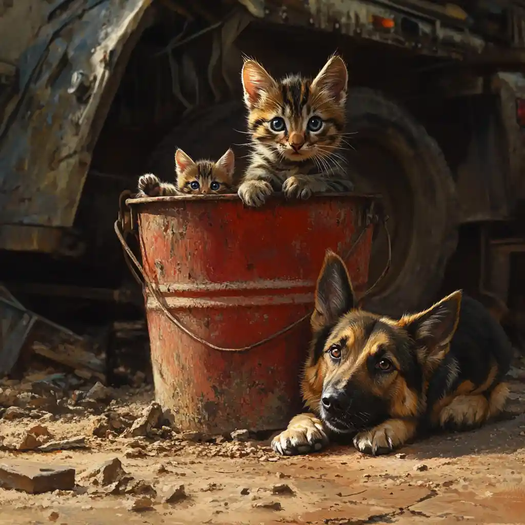 Mutterkatze und Kätzchen, die in einem alten roten Eimer Schutz suchen