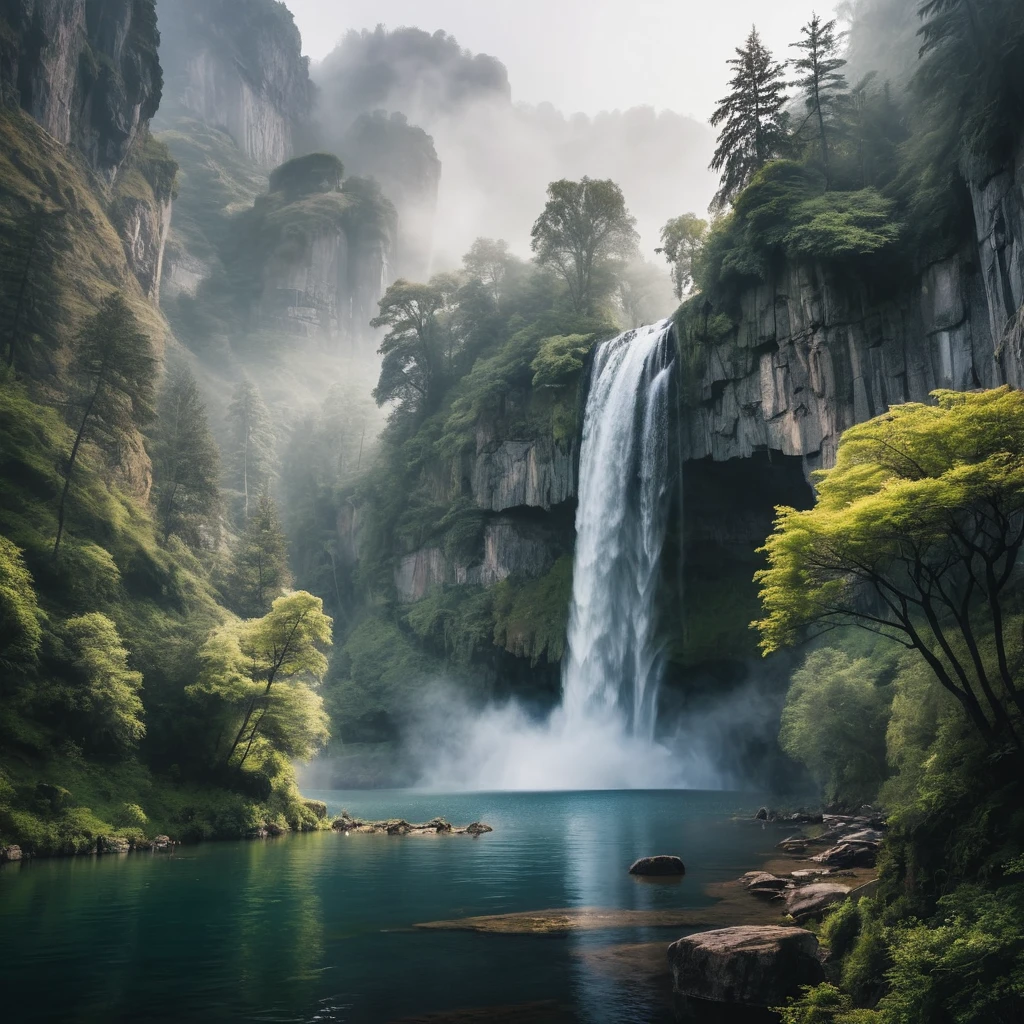Mystical waterfall descending into a calm forest lake