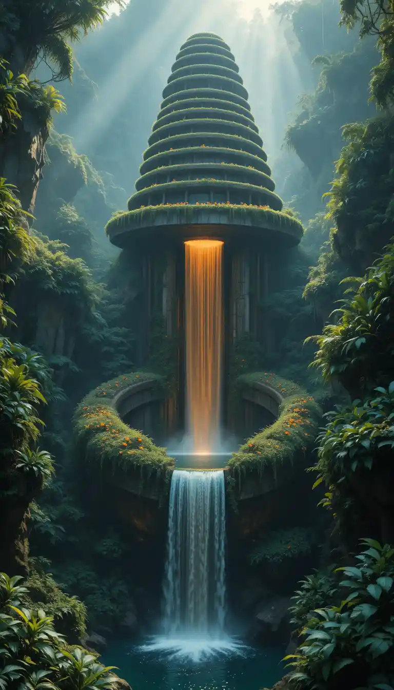 Surreal golden waterfall spiraling through dense tropical jungle