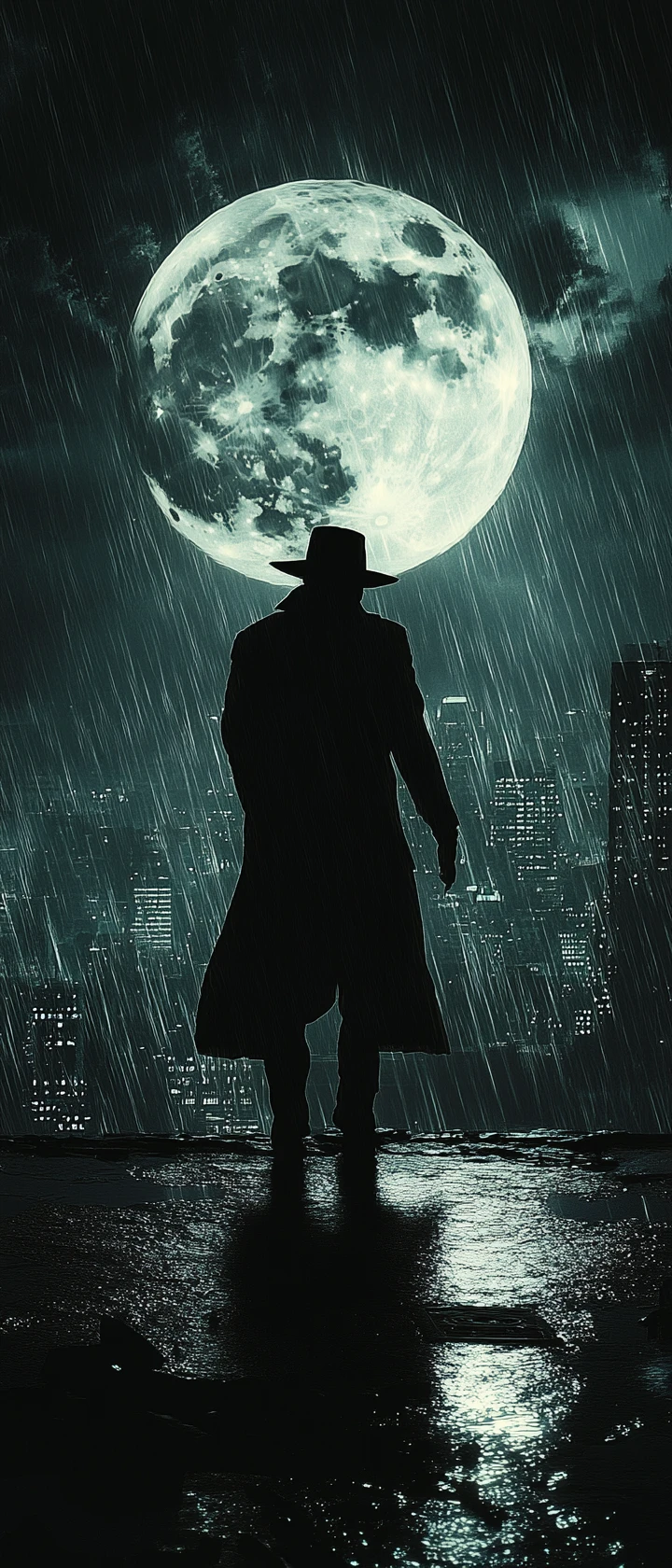Noir silhouette on rainy rooftop holding glass sphere